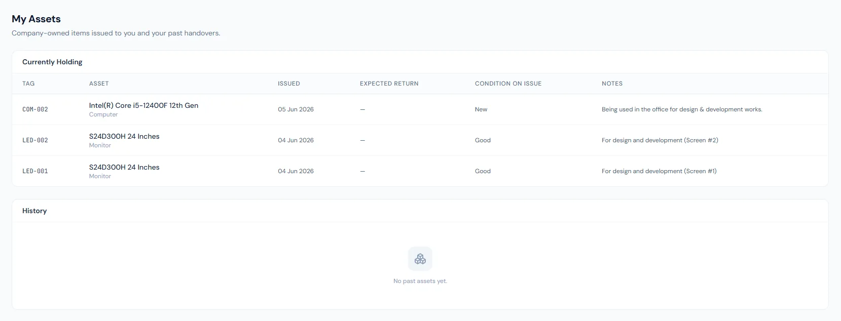 My Assets page showing employee assigned company assets, asset details and assignment history.