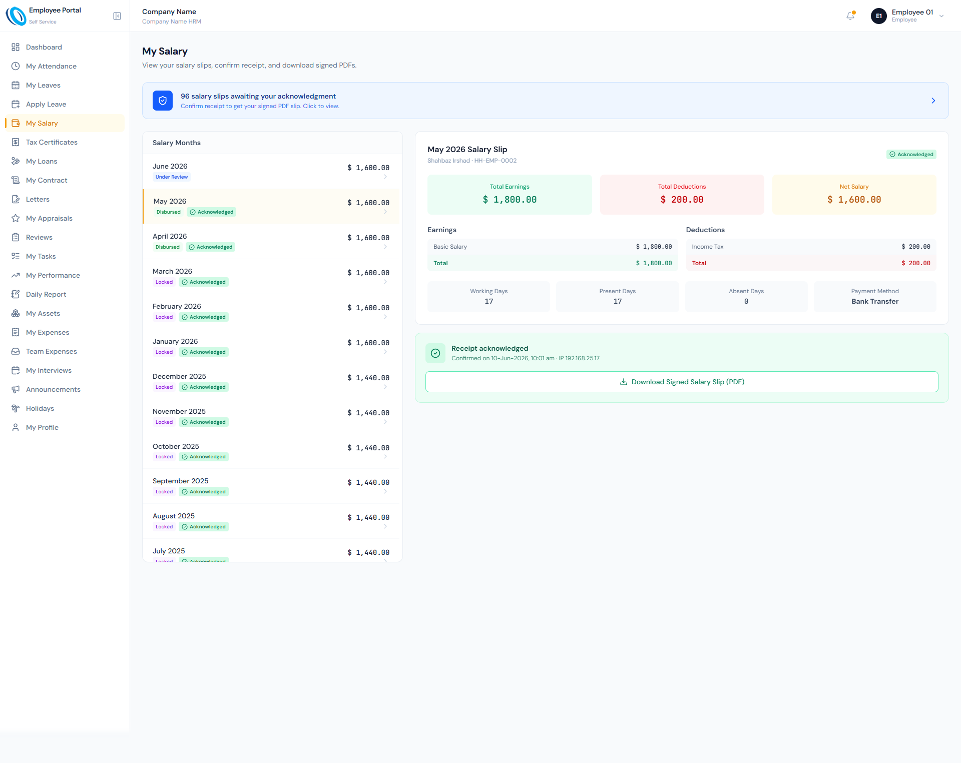 Payslip Access page showing employee salary slips, payroll details and download controls.