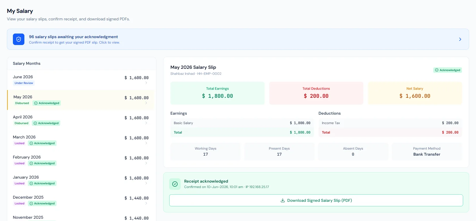 Payslip Access page showing employee salary slips, payroll details and download controls.