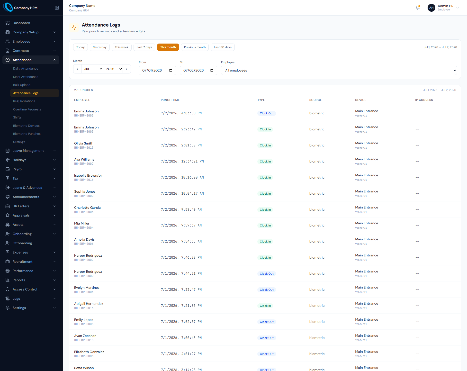 Clock In and Clock Out page showing employee punch events and daily time activity.