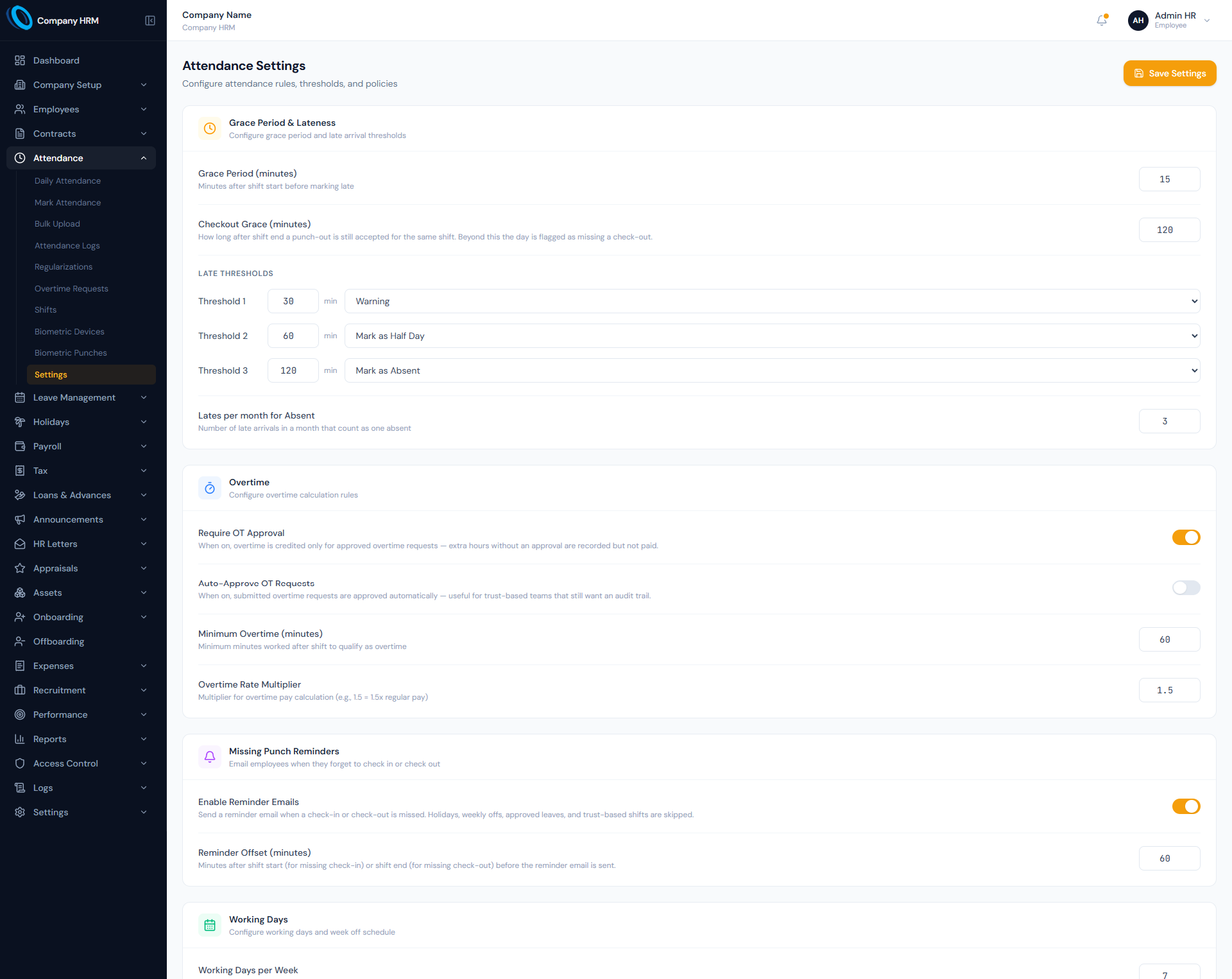 Late and Overtime Rules page showing grace periods, half-day thresholds and overtime settings.