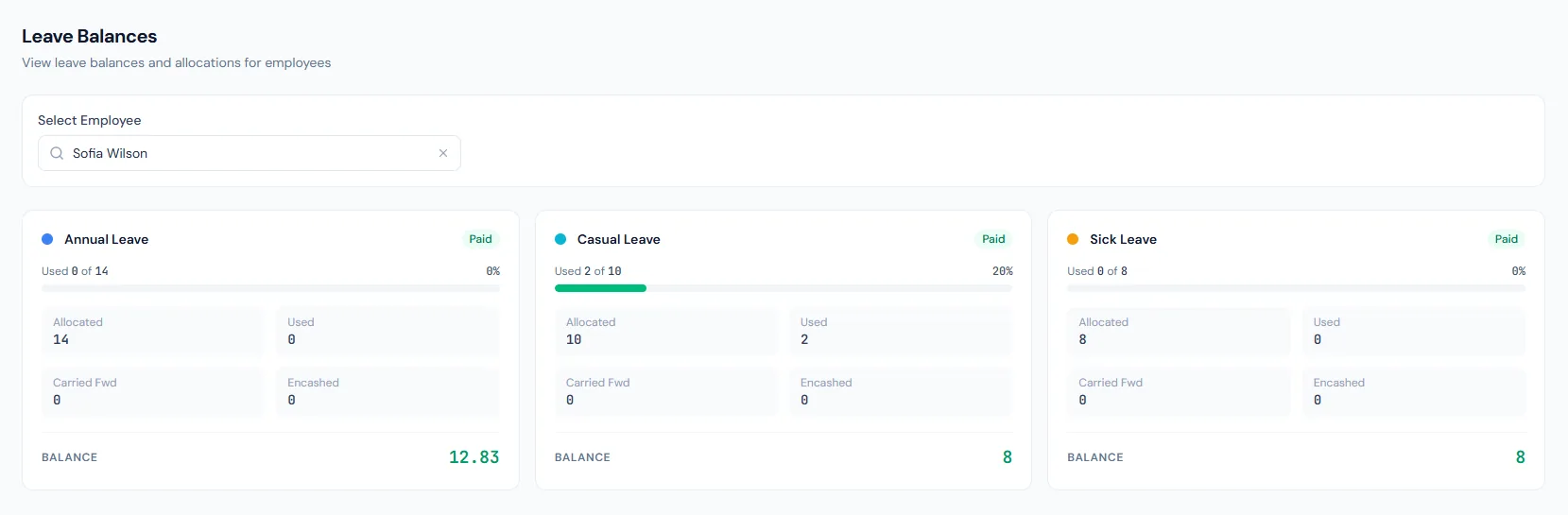 Leave Balances page showing allocated, used and remaining employee leave days.