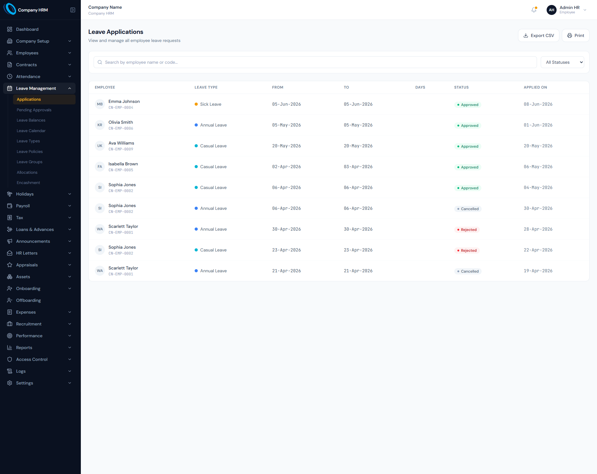 Leave Management page showing employee leave requests, approval status and leave history.