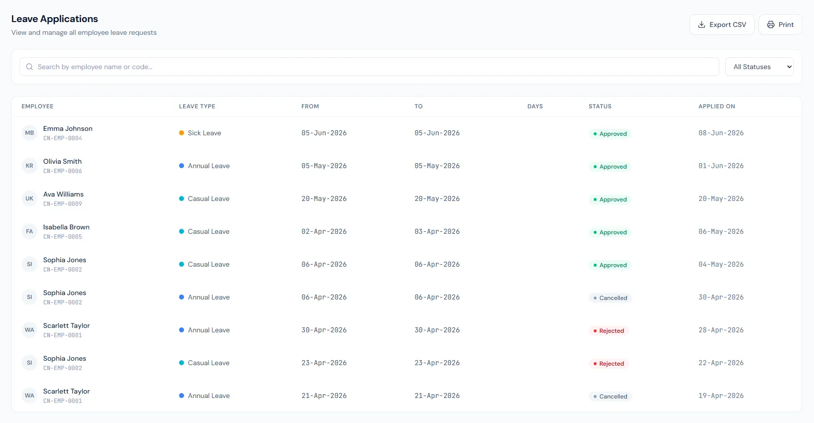 Leave Management page showing employee leave requests, approval status and leave history.